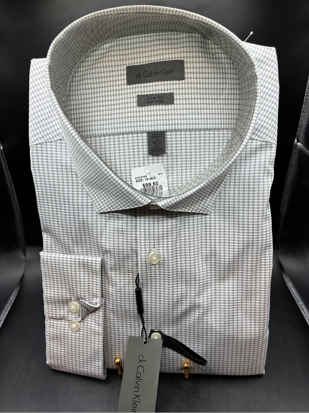 NWT Calvin Klein Tall Men’s 80s Two-Ply Slim Lt Gray Check Dress Shirt 19x36/37